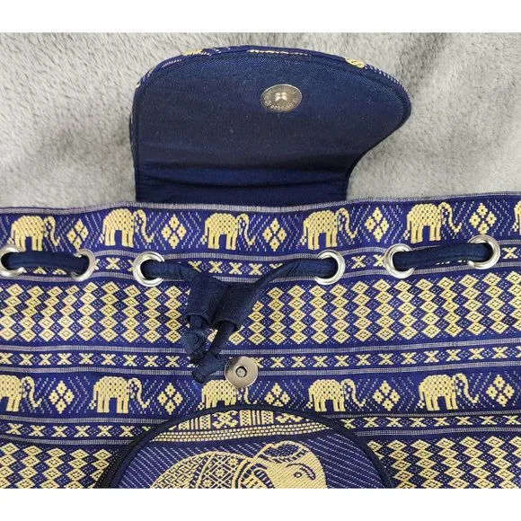 Thai Backpack Womens Blue Gold Indie Elephant Pattern Lightweight Drawstring